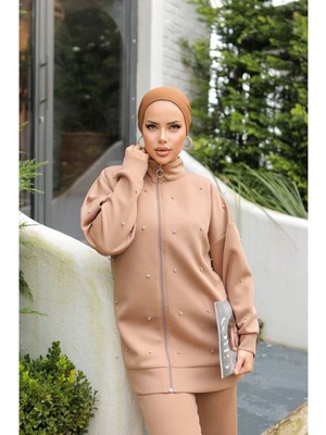 Boydan Fermuarlı Scuba Takım Camel