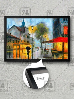 Yağmurda Yürüyen Insanlar Şehir Sonbahar Şehir Işıkları Sokak Lambaları Çerçeveli Yatay Kanvas Tablo