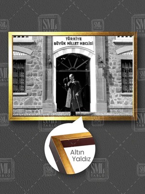 Türkiye Büyük Millet Meclisi Önünce Atatürk Makam Arkası Dekor Çerçeveli Yatay Kanvas Tablo