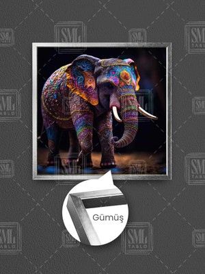 Renkli Boncuklarla Süslü Aksesuarlı Egzotik Fil Orman Doğa Çerçeveli Kare Kanvas Tablo