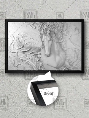 Koşan Beyaz At Duvar Heykel Rölyef Beyaz Güller Çerçeveli Yatay Kanvas Tablo