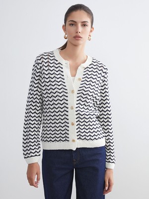 Lc Waikiki Yeni Sezon Bisiklet Yaka Çizgili Ajurlu Kadın Triko Hırka