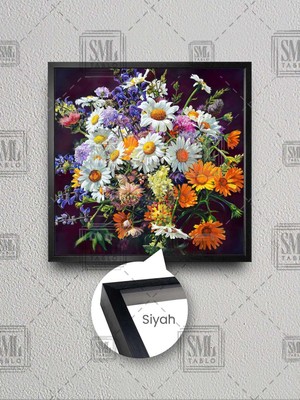 Beyaz Papatya Turuncu Kasımpatı Mor Leylak Demeti Çiçek Dekor Çerçeveli Kare Kanvas Tablo