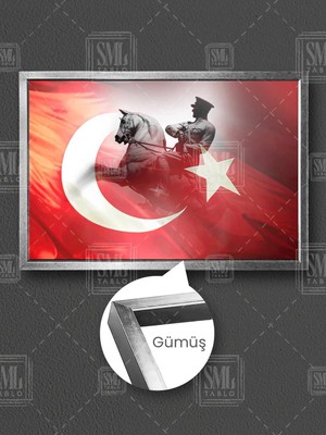Şahlanan Atın Üzerinde Atatürk Heykeli Bayraklı Makam Dekor Çerçeveli Yatay Kanvas Tablo