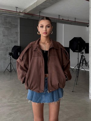 My Lunessa Zr Crop Bomber Kahverengi Süet Oversize Ceket