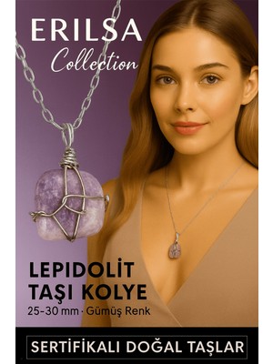Tesbih Atölyesi Sertifikalı Ham Gümüş Tel Sargılı Lepidolit (Peygamber Taşı) Kolye – 25-30 mm Huzur ve Denge Taşı
