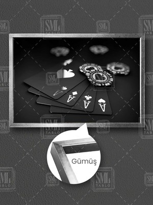 Siyah Oyun Kartı Gümüş As Karo Kupa Maça Sinek Chip Lüks  Çerçeveli Yatay Kanvas Tablo