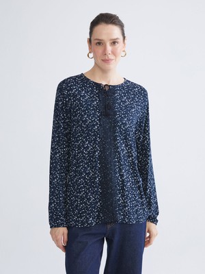 Lc Waikiki Yeni Sezon Büyük Beden Bağlamalı Yaka Desenli Bluz