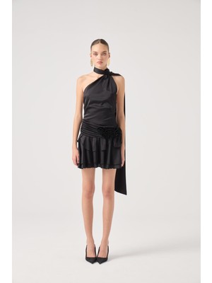 Kemerli Mini Saten Giana Elbise Siyah