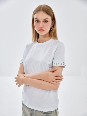 Lc Waikiki Yeni Sezon Bisiklet Yaka Parlak Taşlı Kısa Kollu Kadın Tişört