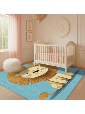 TURKISHRUG KINGDOM Eğlenceli Aslan Figürlü Mavi Zeminli Çocuk Halısı, Yumuşak Dokulu