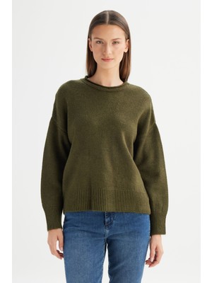 Relaxed Fit Geniş Kesim Bisiklet Yaka Haki Triko Kazak