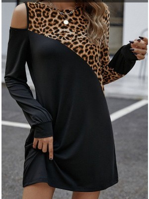 Nidam Butik Kadın Uzun Kollu Omuzdan Açık Leopar Desenli Viskon Iki Iplik Mini Elbise