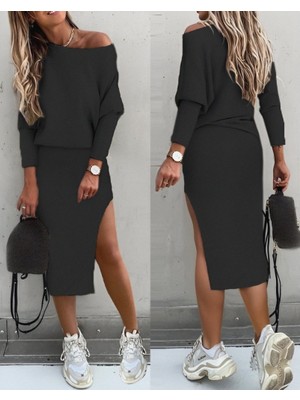 Arben Boutique Kadın Uzun Kollu Düşük Omuz Yırtmaç Detay Kaşkorse Etek Bluz Ikili Takım