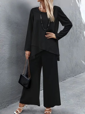 Gökyüzü Moda Kadın Uzun Kollu Asimetrik Detaylı Salaş Sandy Bluz ve Pantolon Ikili Takım
