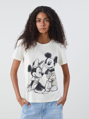 Lc Waikiki Yeni Sezon Bisiklet Yaka Mickey ve Minnie Mouse Lisanslı Kadın Tişört