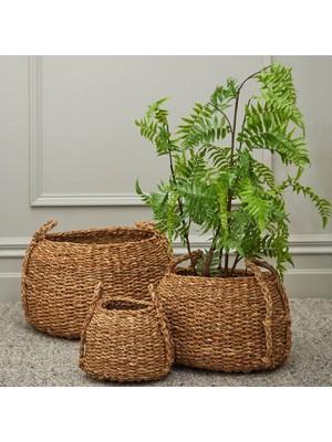 Bahçem Dekoratif Kulplu Seagrass Hasır Sepet Konik Yuvarlak 3'lü Takım Set