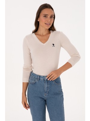 U.S. Polo Assn. Kadın Krem V Yaka Basic Kazak 50307712-VR071