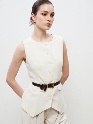 Lc Waikiki Yeni Sezon Bisiklet Yaka Keten Görünümlü Kadın Klasik Yelek