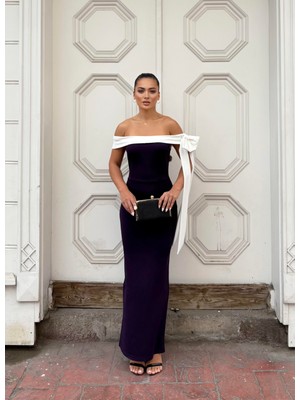 Moda Feminen Mor Beyaz Krep Elbise 582938