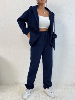 Lacivert Kapüşonlu Fermuarlı Kalın Kışlık Oversize Kadın Eşofman Takımı