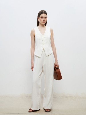 Lc Waikiki Yeni Sezon Beli Lastikli Çizgili Keten Görünümlü Kadın Pantolon