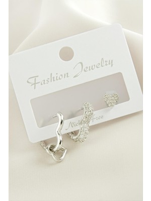 Zero Drnds 3 Adet Kalp Zirkon Taşlı Küpe-gümüş Rengi