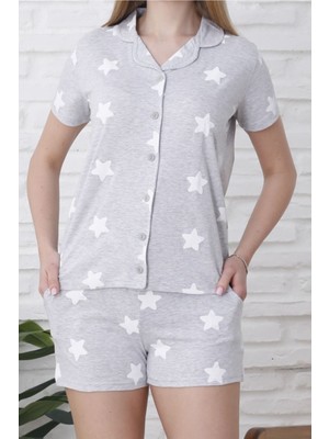 Kadın Şortlu Pijama Takımı Düğmeli Kısa Kollu Pamuklu Cepli Likralı Gri