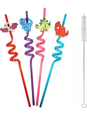 5 Parça Renkli Pipet Seti - Emojili Spiral Kokteyl- Çocuk Pipeti Temizleme Fırçalı