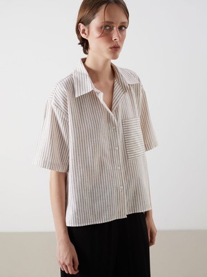 Lc Waikiki Yeni Sezon Çizgili Keten Karışımlı Kadın Gömlek
