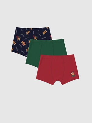 LC Waikiki Yılbaşı Temalı Erkek Çocuk Boxer 3'lü Seti Yüksek Pamuk İçerikli Düz Desenli ve Baskılı