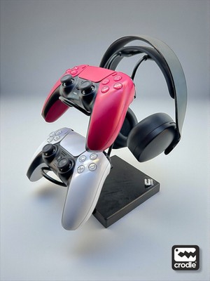 Crodle Siyah Ahşap ve Siyah Metal Gaming Ps4 Ps5 Xbox Joystick Controller Tutucu ve Kulaklık Dikey Standı
