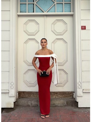 Moda Feminen Kırmızı Beyaz Krep Elbise 582938