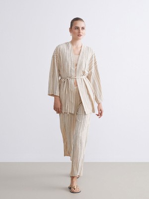 Lc Waikiki Yeni Sezon Beli Lastikli Çizgili Geniş Paça Kadın Pantolon