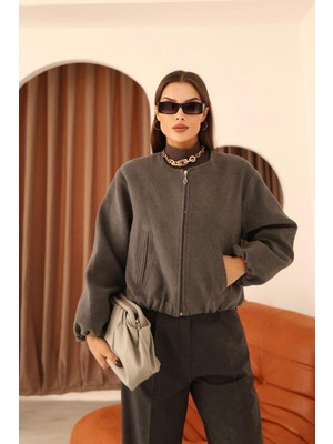 Bel Lastikli Kaşe Bomber Ceket - Gri