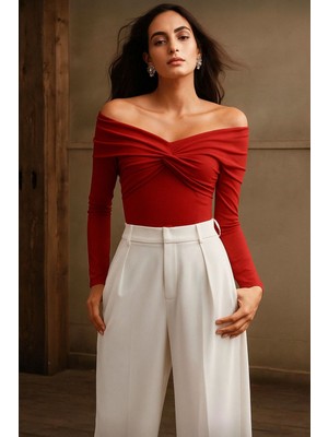 Kadın Omuzlar Düşük Önü Düğümlü Sandy Kumaş Uzun Kollu Bluz 0033