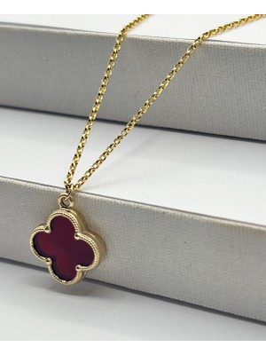 14 Ayar Altın Doç Zincirli Büyük Bordo Yonca Kolye