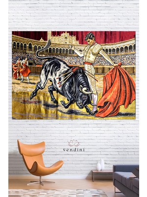 Vintage Serisi Matador ve Boğa Duvar Halısı Duvar Örtüsü Wall Tapestry