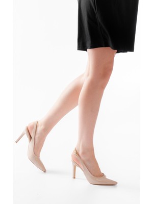 ST-1153 Bej Rugan Günlük Arkası Açık 9 cm Topuklu Kadın Ayakkabı