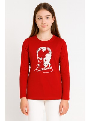 Sibel Günay Butik Atatürk Baskılı Unisex Genç Uzun Kollu Body | %100 Pamuk | Bisiklet Yaka | Kırmızı