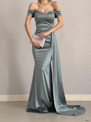 Saten Kumaş Düşük Omuz Maxi Boy Elbise 582441 Mint