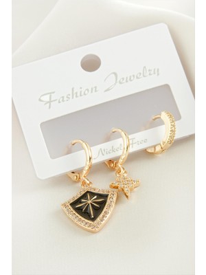 Ds-Derin 3 Adet Yıldız Zirkon Taşlı Küpe-Sarı