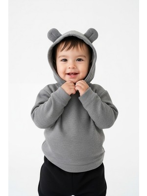 Erkek Çocuk Ayıcık Kulaklı Pamuklu Gri Kapüşonlu Sweatshirt