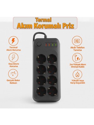 8 Prizli 2 USB 2 Type-C Girişli Akım Korumalı Topraklı Şarj Fiş Priz 2 Metre Uzatma Kablosu