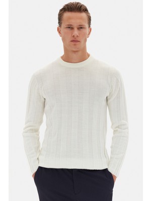 Twn Slim Fit Ekru Rib Örgü Kazak 3EC063302441M Erkek Bisiklet Yaka Günlük Kullanım İçin