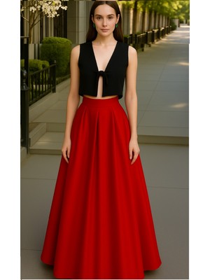 Kadın Kırmızı Cepsiz Pileli A-Line Abiye Etek