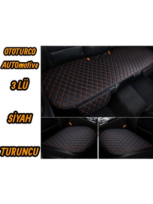 Ergonomik,ortopedik,suni Deri Kapitoneli Lüks Ototurco Automotive Oto Koltuk Kılıfı-Minderi (3 Lü Set)Siyah-Turuncu