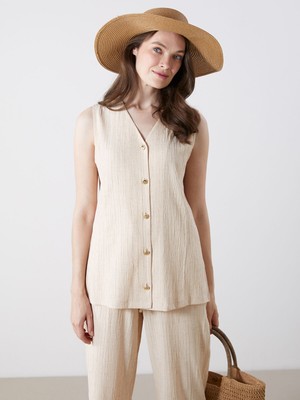 Lc Waikiki Yeni Sezon V Yaka Keten Karışımlı Kadın Yelek