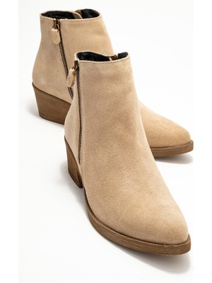 Jayer Bej Süet Hakiki Deri Fermuarlı Kadın Topuklu Bot