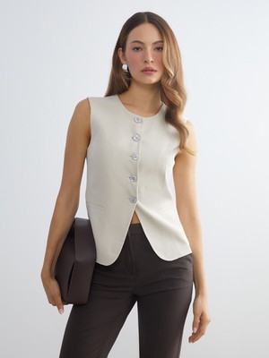 Lc Waikiki Yeni Sezon Bisiklet Yaka Keten Karışımlı Kadın Klasik Yelek